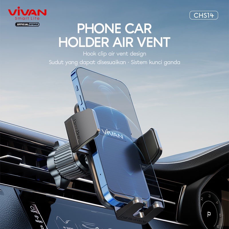 (VIVAN HS-14) Phone Car Holder Hook Clip Air Vent Suction Double Locking Car Mount Mobile Phone Holder Mobil