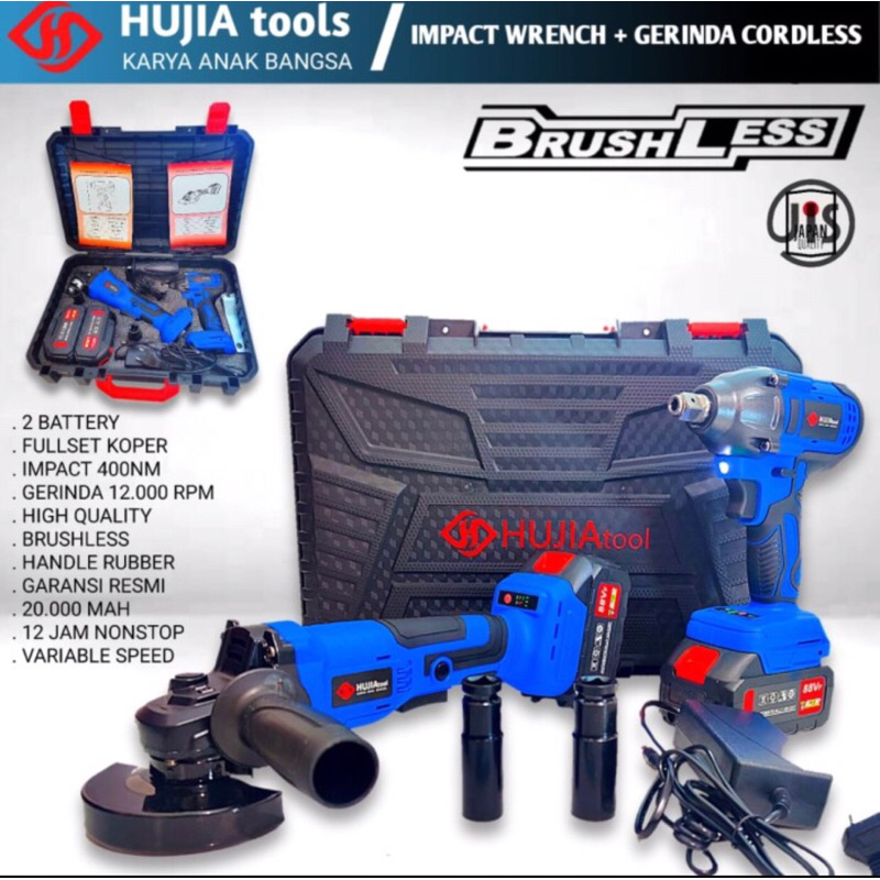 HUJIA MESIN GERINDA GURINDA PEMBUKA BAUT BATERAI CORDLESS IMPACT WRENCH SET PAKET HEMAT 2 IN 1