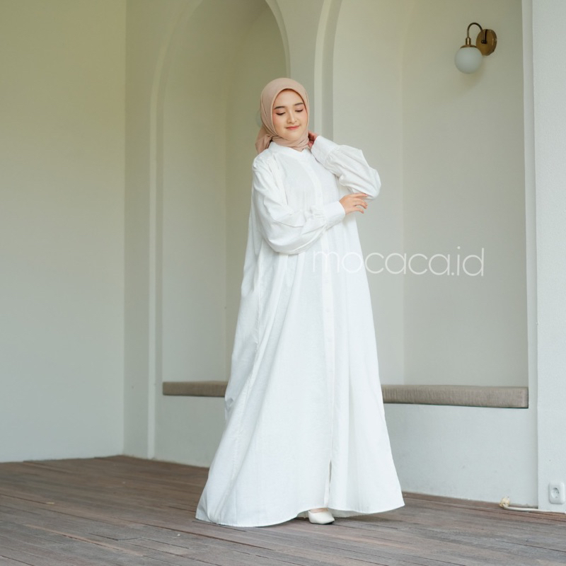 Dress Putih Tulang Broken White Elegan Ootd Hijabers bahan katun linen rami lengan kancing casual klasik dovey