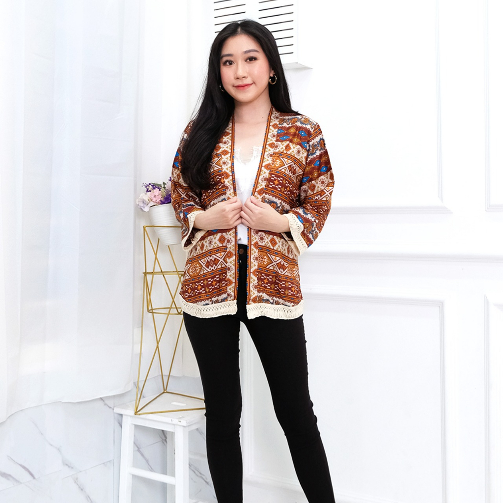 𝑱𝒂𝒌𝒂𝒓𝒕𝒂𝑭𝒂𝒔𝒉𝒊𝒐𝒏 kimono cardigan batik tribal rumbai cream simple murah etnik modern kardigan