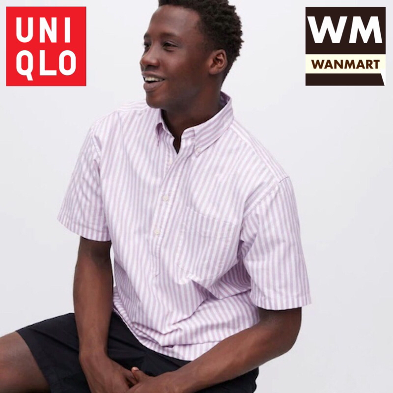 UNIQLO Men Shirt Kemeja Pria Oxford Garis Lengan Pendek Purple