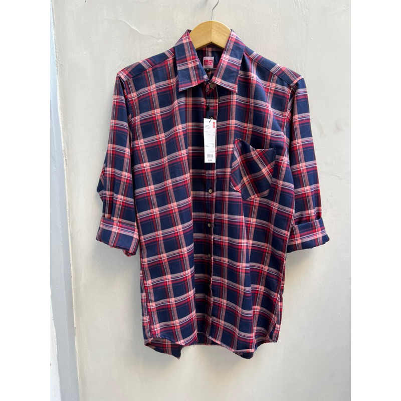kemeja pria flanel uni qlo kemeja casual pria tidak berbulu bahan adem tanpa polister