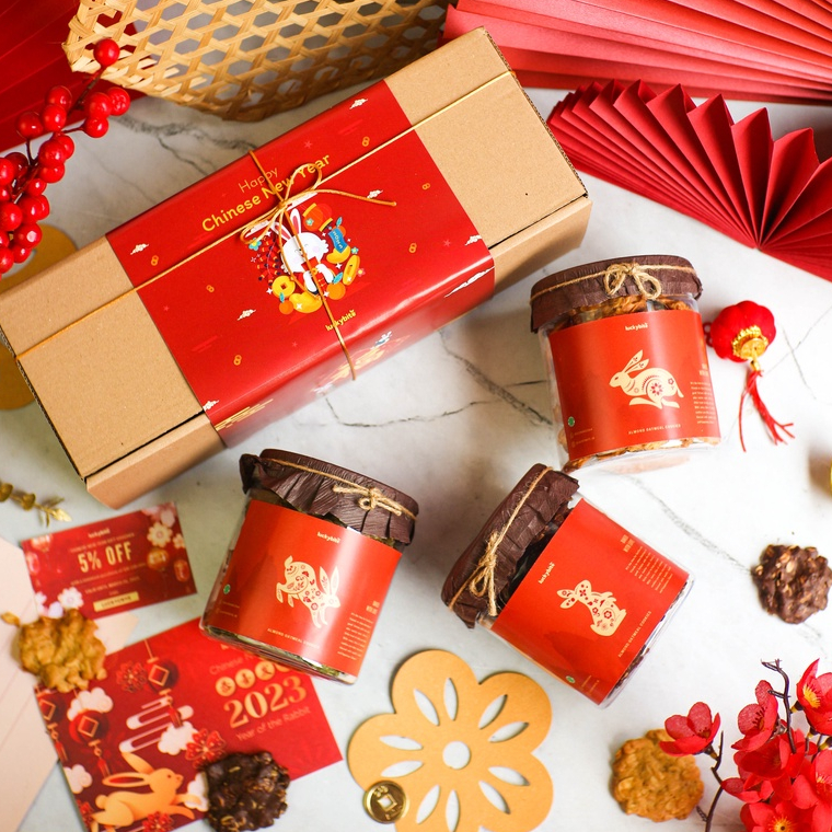 Hampers Imlek / CNY Hampers / Parcel Imlek - Oatmeal Cookies 3 Jar + FREE KARTU + TALI + VOUCHER + BUBBLE WRAP | LUCKYBITE