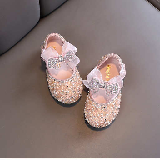 SH16-Sepatu Pesta Anak Perempuan Flat Import Blink Aksen Pita Lace Mutiara