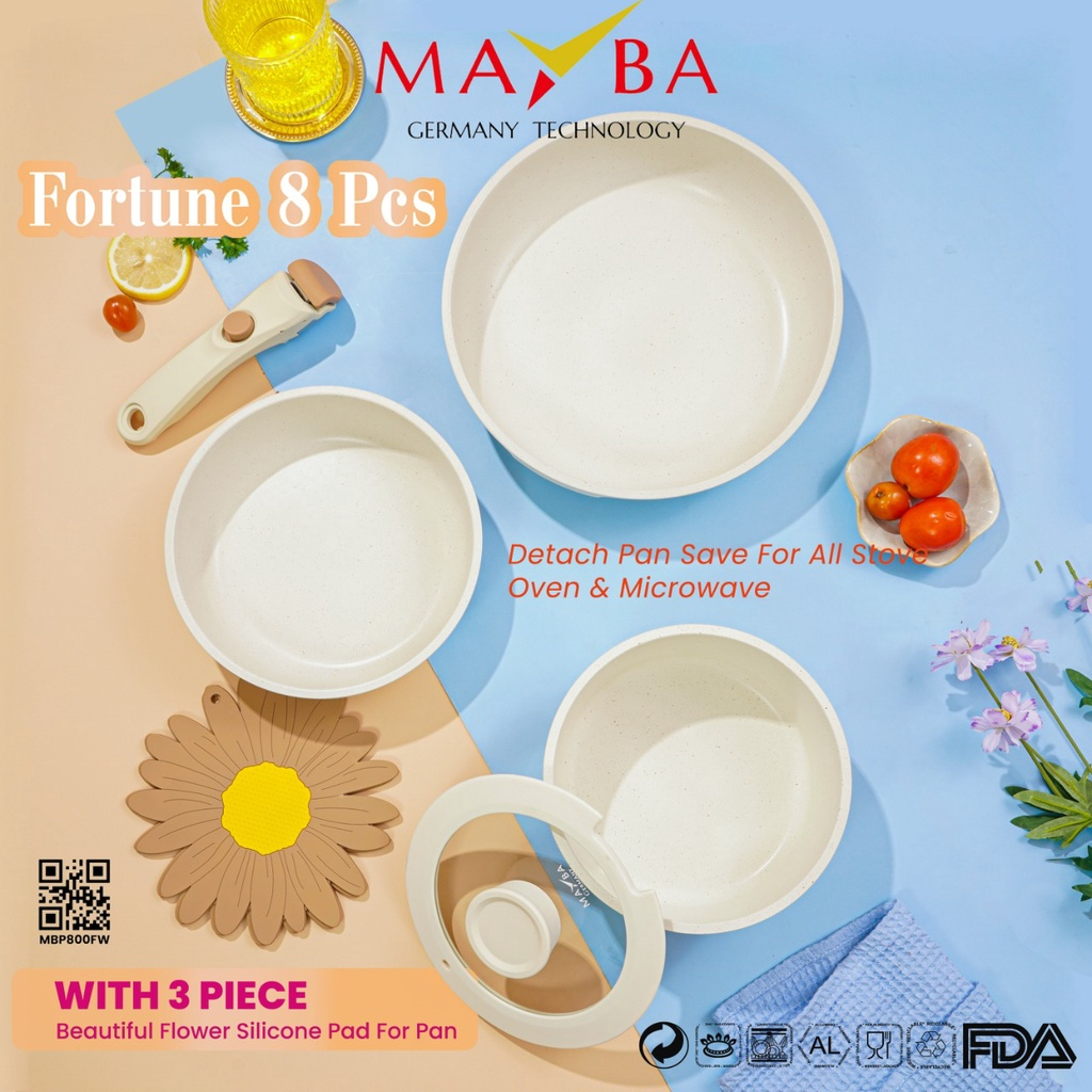 PANCI FORTUNE 8 PCS COOKWARE SET granit putih anti lengket Sehat - PFOA FREE - Handle bisa di lepas - Granit Putih Antilengket Peralatan Masak Karoten Dengan Pegangan PFOA FREE