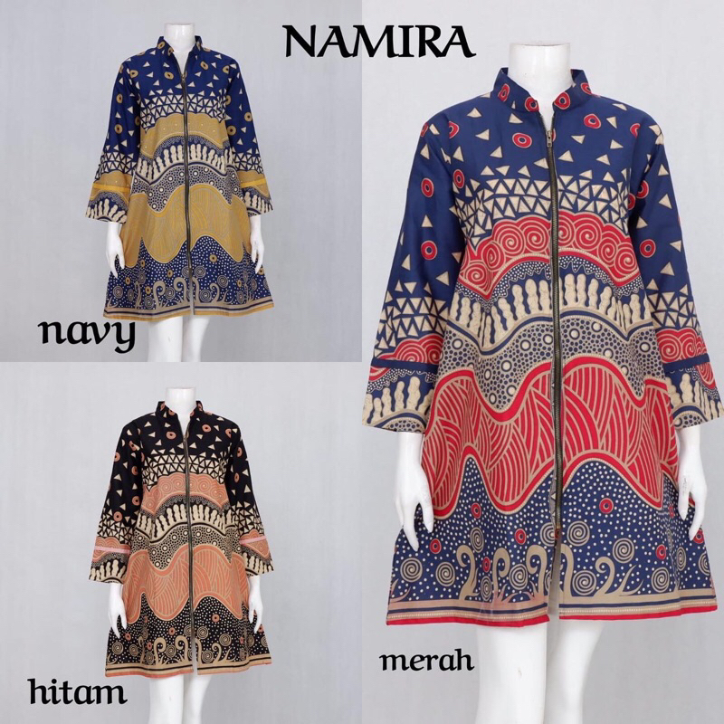 Tunik Batik Wanita Kerja Modern Jumbo Lengan Panjang Zipper Depan Bahan Katun Halus Solo