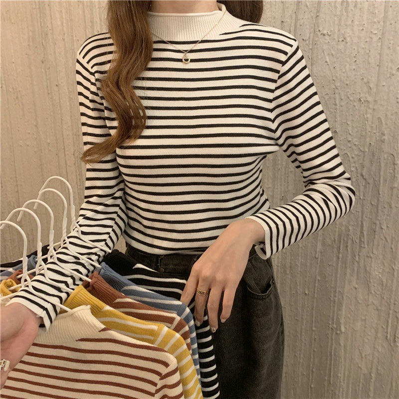 Miss H ~ 229 Pakaian Wanita Baju Atasan Lengan Panjang Import Model Belang 2 Warna Manset Baju Wanita Premium Sweater Keren Ijab