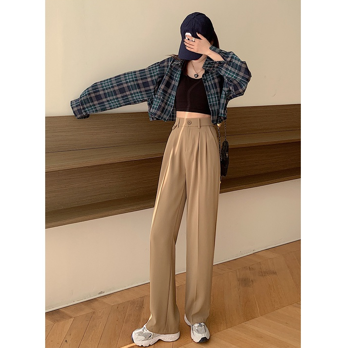 Khaki/Hitam Highwaist Loose Kerja Celana Setelan Wanita Korean