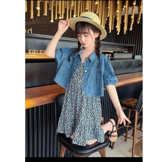 PROMO 11.11 DR64-Dress Anak Perempuan Fashion Korea Bunga + Rompi Jeans