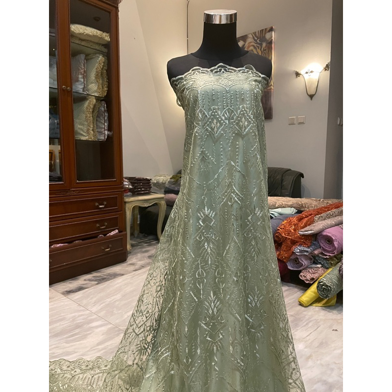 Kain Bahan Kebaya Gaun Pengantin Brokat Brukat Tile Bordir Etnik Madeline Warna Hijau Sage Green