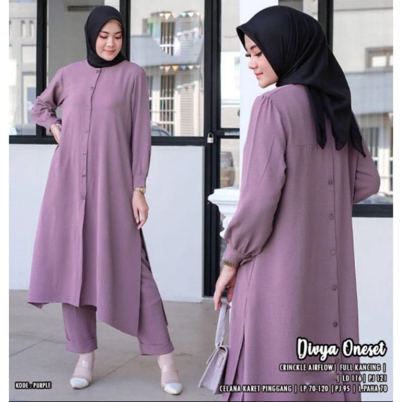 SETELAN CRINKLE AIRFLOW PREMIUM / SETELAN WANITA LONG TUNIK AKSEN KANCING DEPAN VARIASI BELAKANG (BANYAK SIZE M. L. XL. XXL)