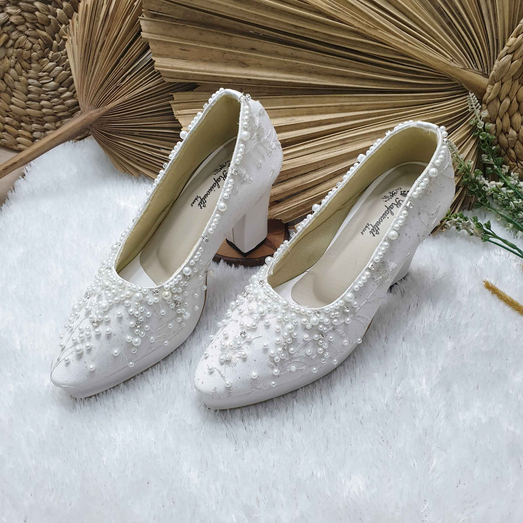 sepatu wedding pesta cantik Andini putih lapis bahan cantik hak 9cm