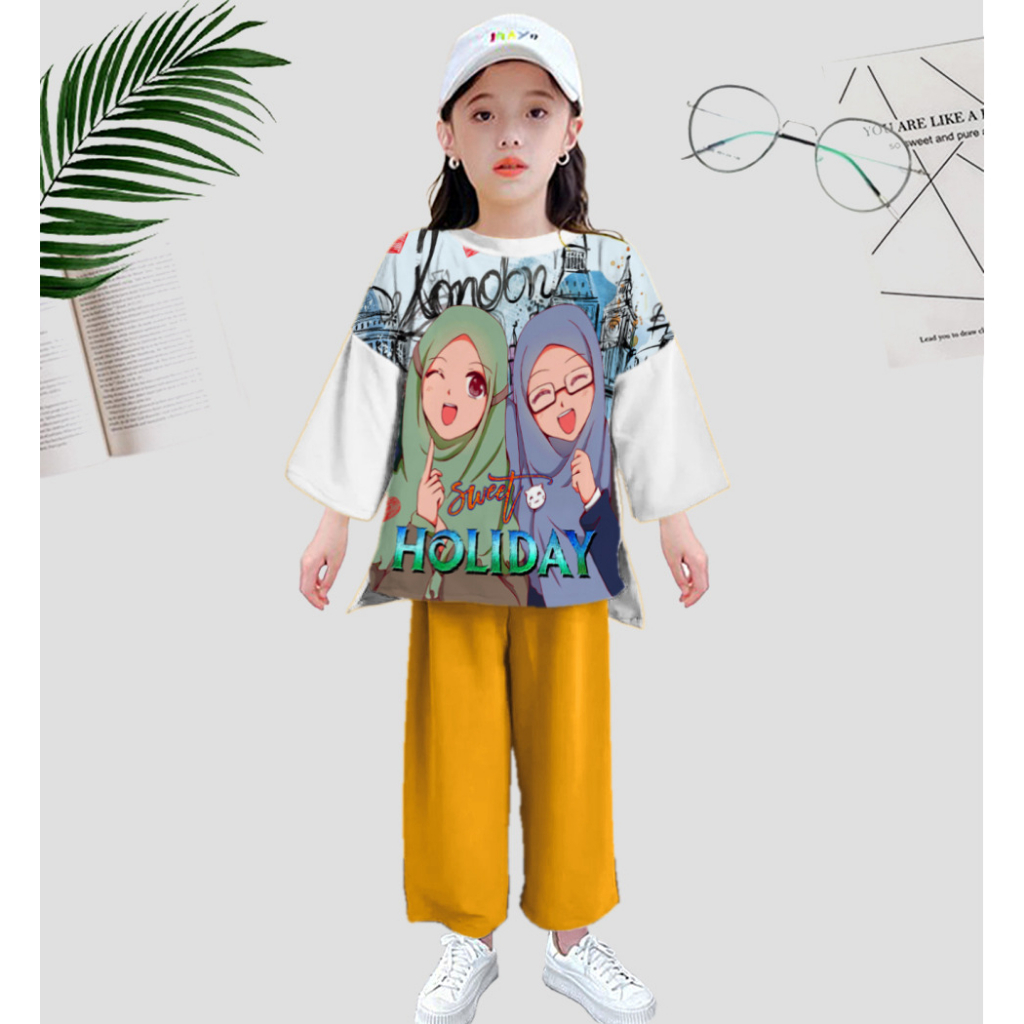 RILLO - Setelan Slebew Anak Perempuan Viral Print Holiday Usia 6-10 tahun