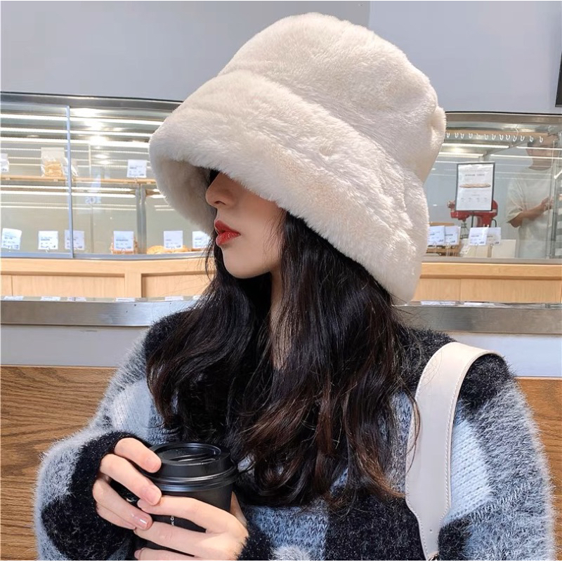 Bucket hat fur topi winter wanita import kupluk bulu cewek hangat musim dingin fashion