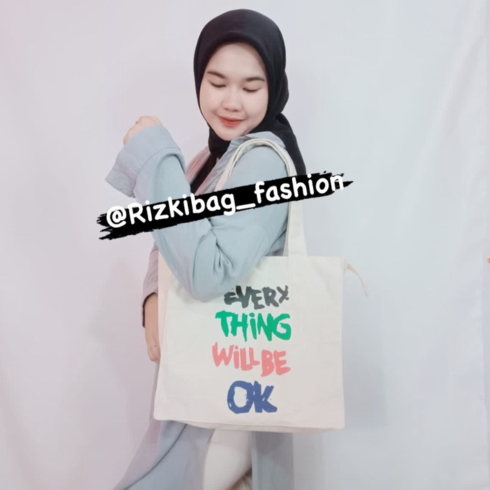 Totebag Wanita Everyting Will Be Ok Pakai Resleting