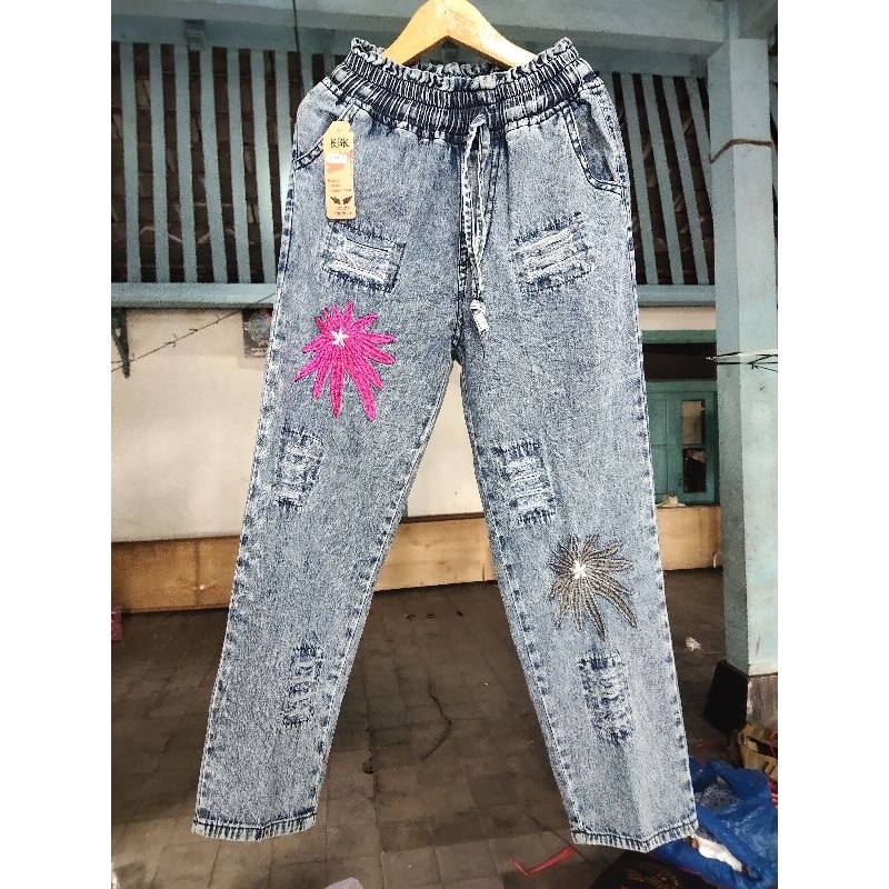 BAGGY JEANS//CELANA PANJANG ANAK PEREMPUAN VARIASI BORDIR CEMPAKA USIA 6-12TAHUN