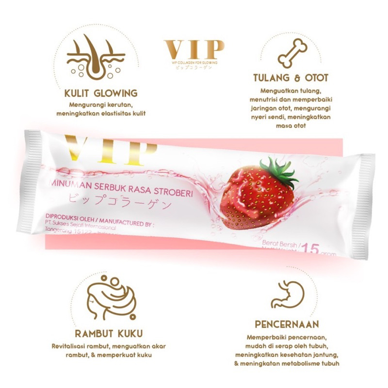 VIP Collagen BOX 20 SACHET minuman kolagen pemutih kulit badan tripeptide skin hair nail glowing strawberry box 20 sachet vip VIPCollagen original BPOM Halal