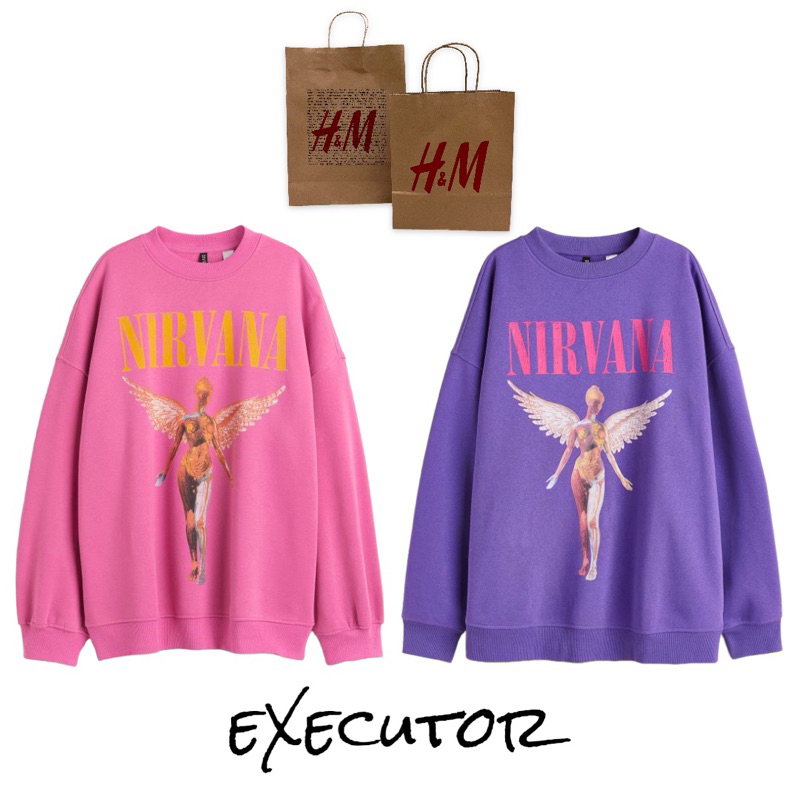 ( 8.8 ) Crewneck Sweatshirt Unisex H&amp;M Sablon Nirvana In Utero Purple Ungu &amp; Pink, Flecee Katun Lembut Tebal, Free Papperbag