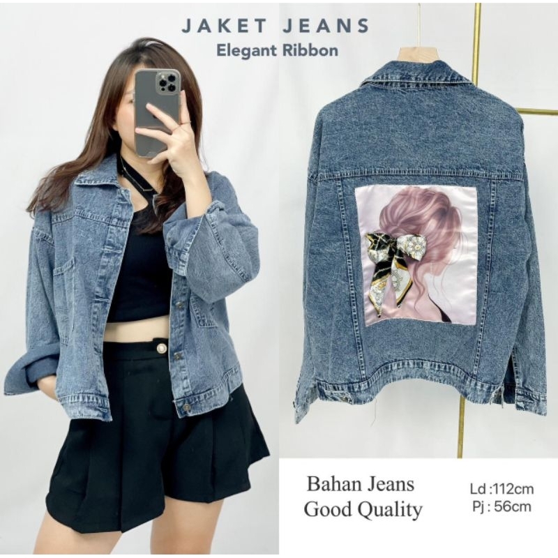 MDLV ~ Jaket Jeans Wanita Lengan panjang Motif Ribbon Import