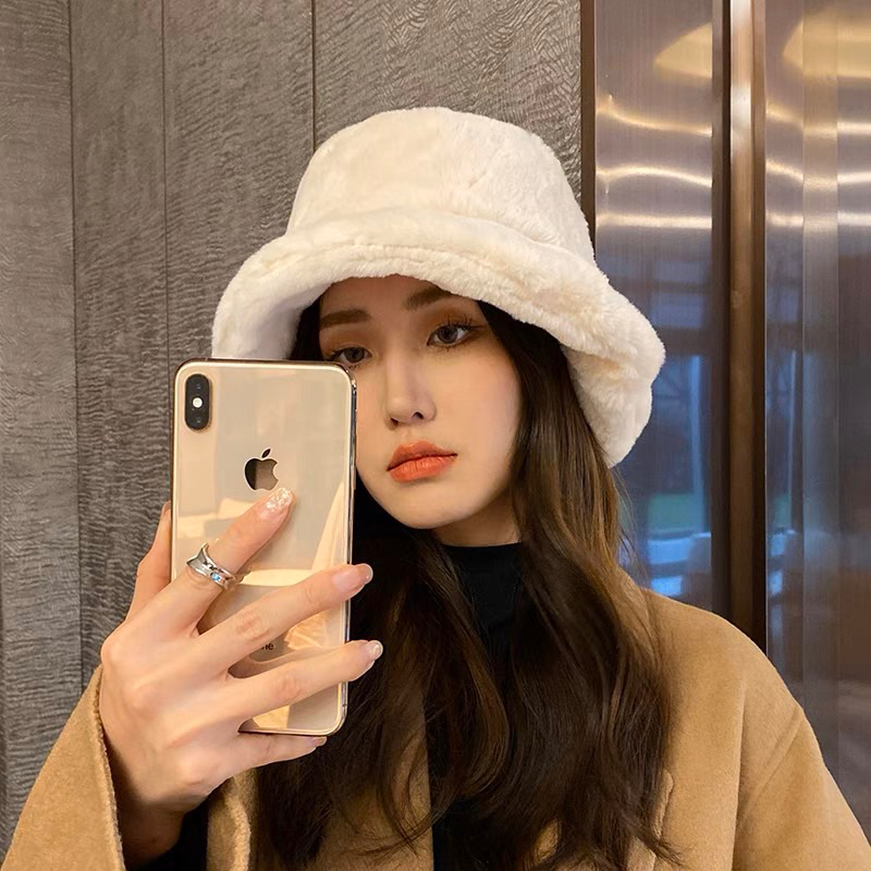 Bucket hat fur topi winter wanita import kupluk bulu cewek hangat musim dingin fashion