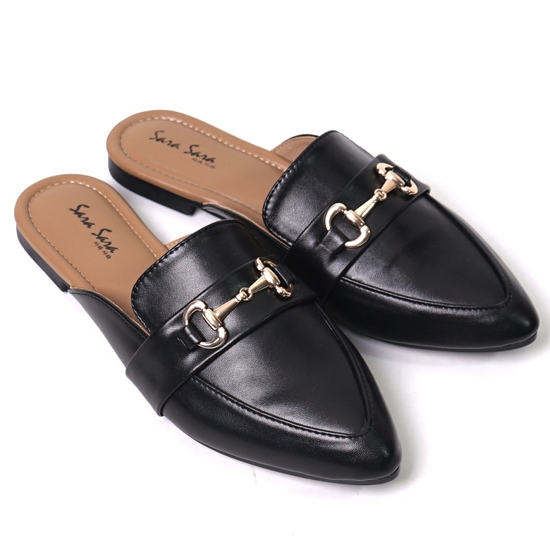 SARASARA YUK - SALSA Sepatu Sandal Wanita Slip On Mules Size 36 - 40 Casual Sendal Slop Teplek Flat Ujung Lancip Tertutup Anti Licin Warna Hitam Black Selop Premium 37 38 39 Perempuan Kekinian Terbaru Shoes ORI Original Mall Official Store