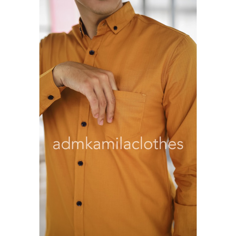 Kemeja pria cowok polos slimfit kasual basic HeM lengan panjang mustard