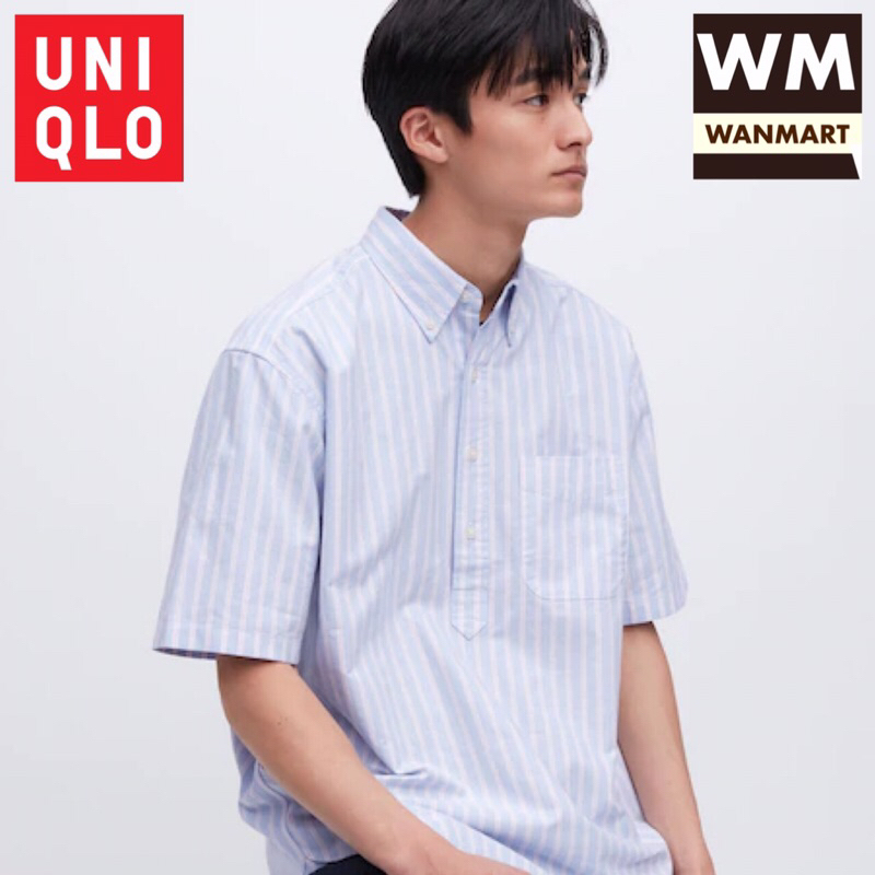 UNIQLO Men Shirt Kemeja Pria Oxford Garis Lengan Pendek Blue