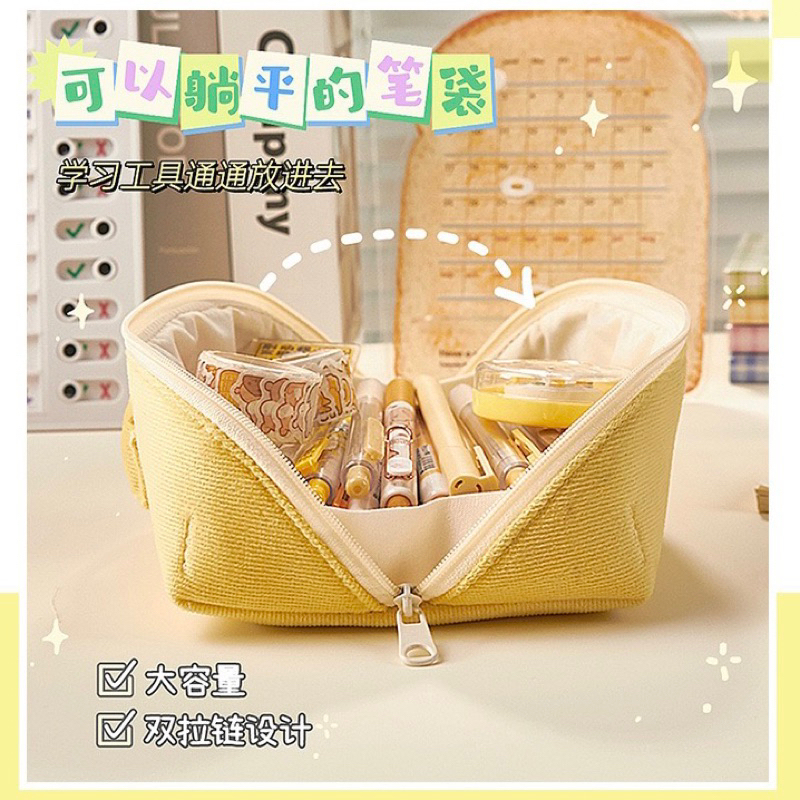 KENSHO Kotak Pensil Sleting Roti Lucu Bahan Corduroy Ada Handle Motif Polos Plaid Warna Pastel / Pencil Case / Zipper