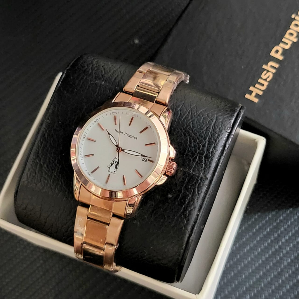 BEST SELLER JAM TANGAN WANITA HUSH PUPPIES D90 TALI RANTAI TANGGAL AKTIF DM 3.8 FREE BOX &amp; BATERAI || JAM TANGAN FASHION WANITA JAM TANGAN CEWEK MURAH
