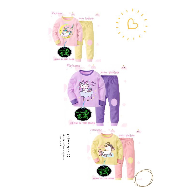 PIYAMA ANAK GLOW IN THE DARK / BAJU TIDUR ANAK PEREMPUAN JW 272 JUNIOR WARDROBE MOTIF UNICORN IMPORT