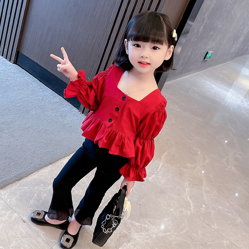 Setelan Set Anak Perempuan Merah Ruffle Korean Style + Celana