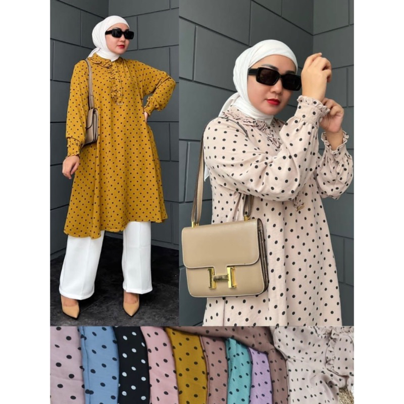 Tunik Dinda Polkadot | Winody | Bahan Linen Crinkle Premium