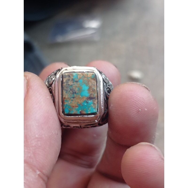 pirus persia biru asli hijau lawas urat mas kotak  dim 12 x 10  mm est ring motif