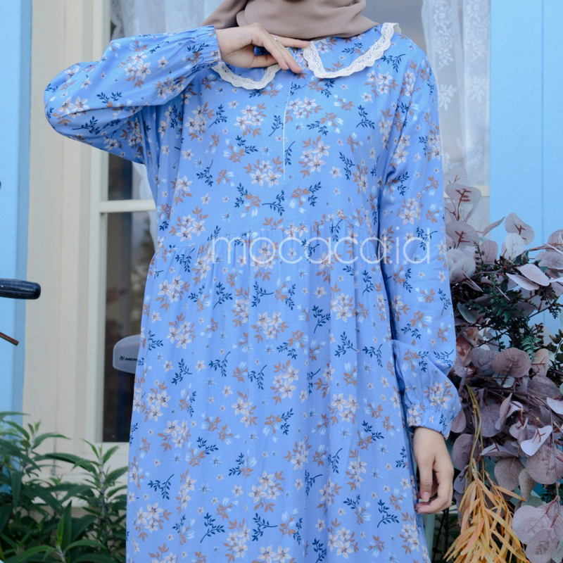 Gamis rumahan renda depan busui rayon premium - motif sky blue snow white flowers