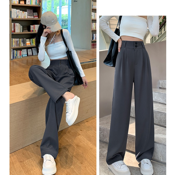 Abu-abu Celana Setelan Wanita Korean kekinian Highwaist Loose Celana Panjang Wanita  (Ada karet)