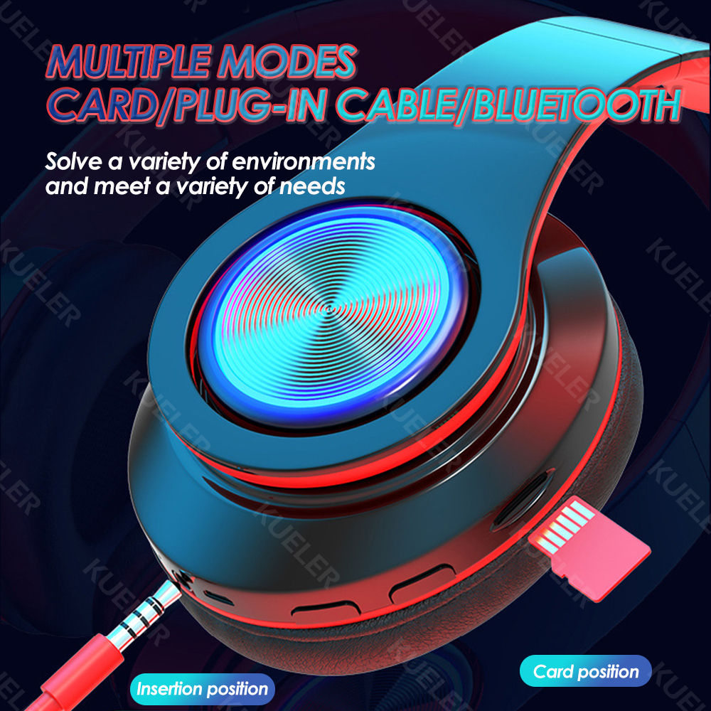 Lampu LED B39 Headphone Bluetooth Lipat dengan Mikrofon HiFi Stereo Gaming Headset Bluetooth Henset Wireless Headphone Mendukung Kartu SD Panggilan HD AUX