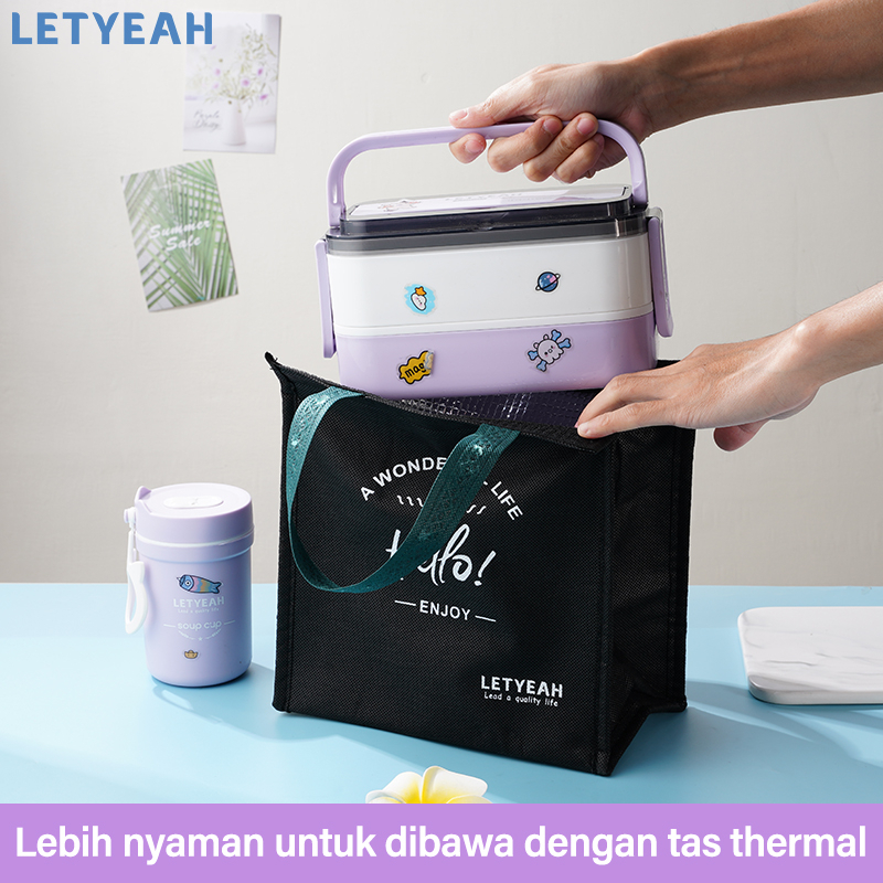 letyeah Kotak makan set DIY sticker lunch box set tas 1600ml tempat bekal makan anti tumpah dan cangkir sup /BPA Free