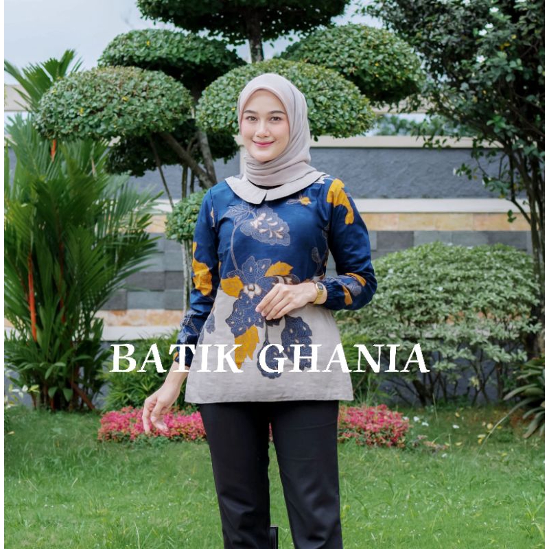 BLOUSE BATIK WANITA LENGAN PANJANG ATASAN BATIK MODERN BY BATIK GHANIA MOTIF MAWAR