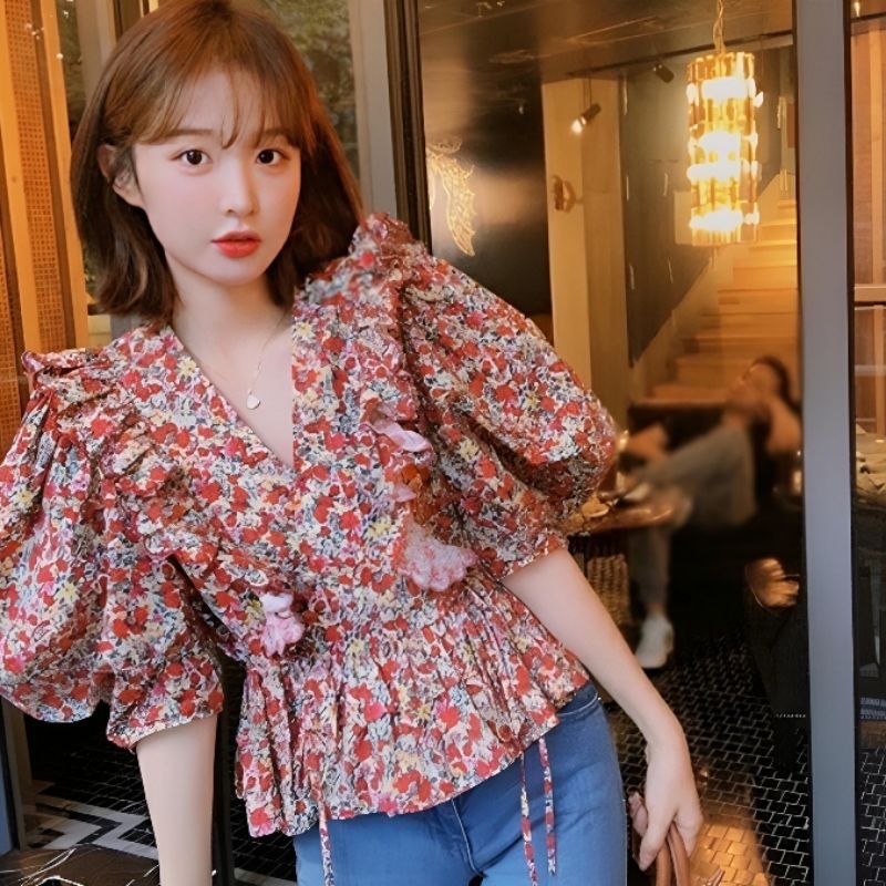 Baru Murah Blouse Kimono AUDENZIA Ruffle Lengan Pendek - Baju Atasan Bahan Crepe Import Motif Floral