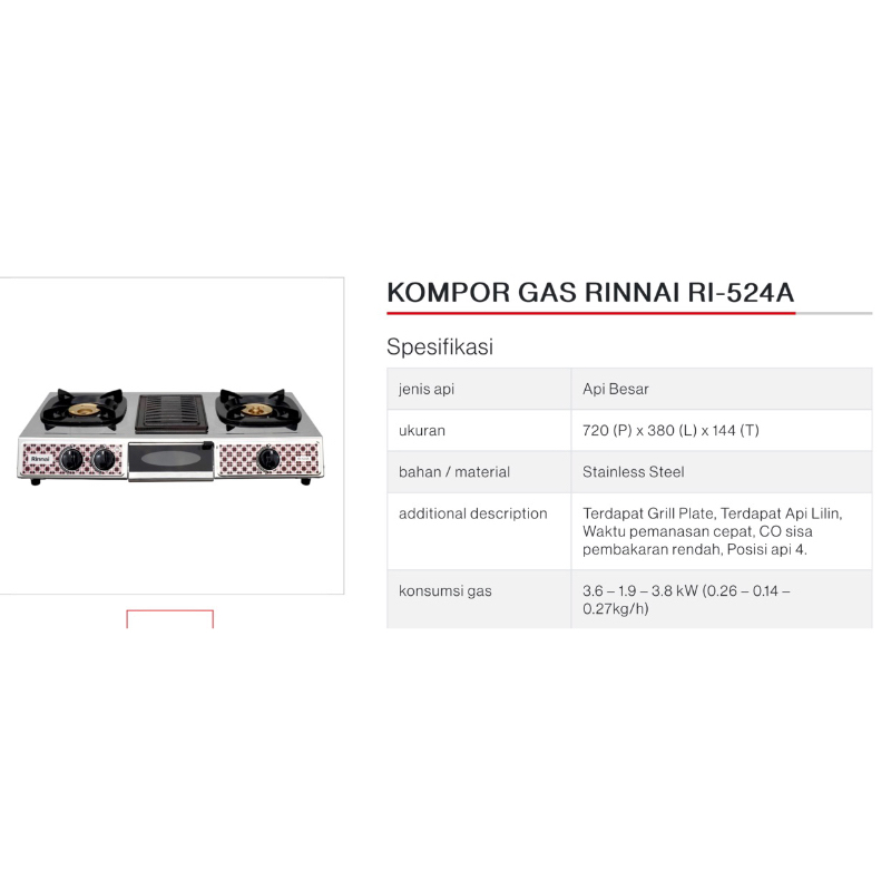 rinnai kompor 3 tungku ri 524 a grill panggang