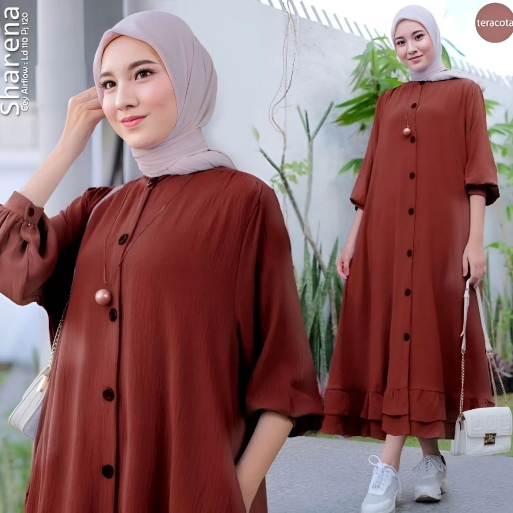 Shareena Midi Dress Wanita Crinke Airflow Gamis Terbaru Full Kancing Busui Friendly