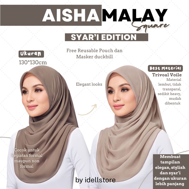 Aisha Malay Square Voal Syar’i • Segiempat Malay Voal Tidak Menerawang Malay Voal Premium Segiempat Curve Bawal Voal Nyaman