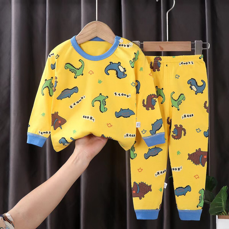 SET Piyama Anak Laki Laki Bahan Katun usia 1-6 Tahun Gambar Dino Stomp Baju Tidur Anak Lengan Panjang Bahan Katun Premium