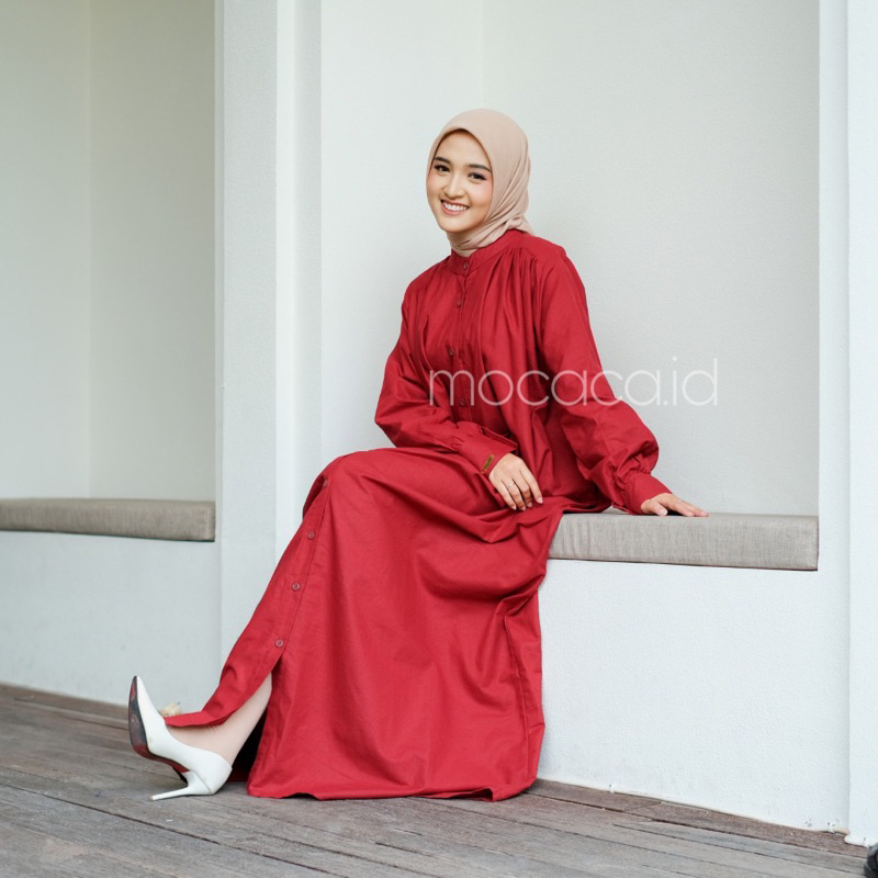 Dress gamis merah maroon Elegan Ootd Hijabers bahan katun linen rami lengan kancing casual klasik dovey