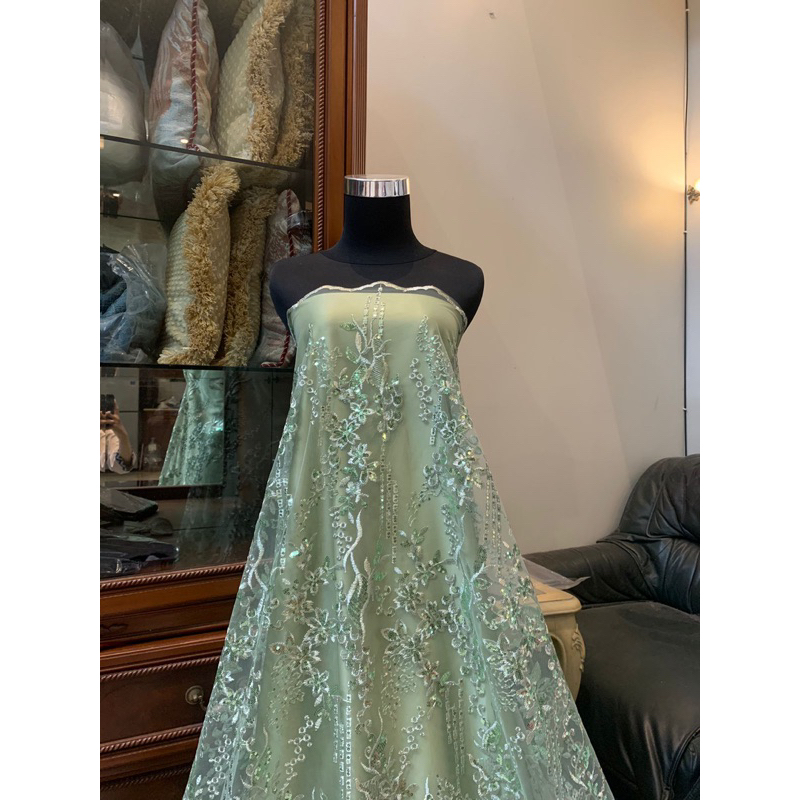 Kain Bahan Kebaya Brukat Tile Tulle Bordir Gracia Mewah Warna Sage Green Hijau