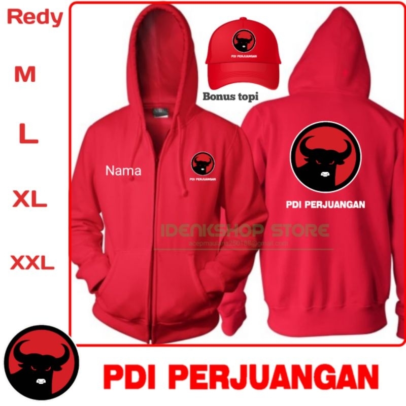 Hoodie resleting merah PDI perjuangan sablon + free topi dan free nama