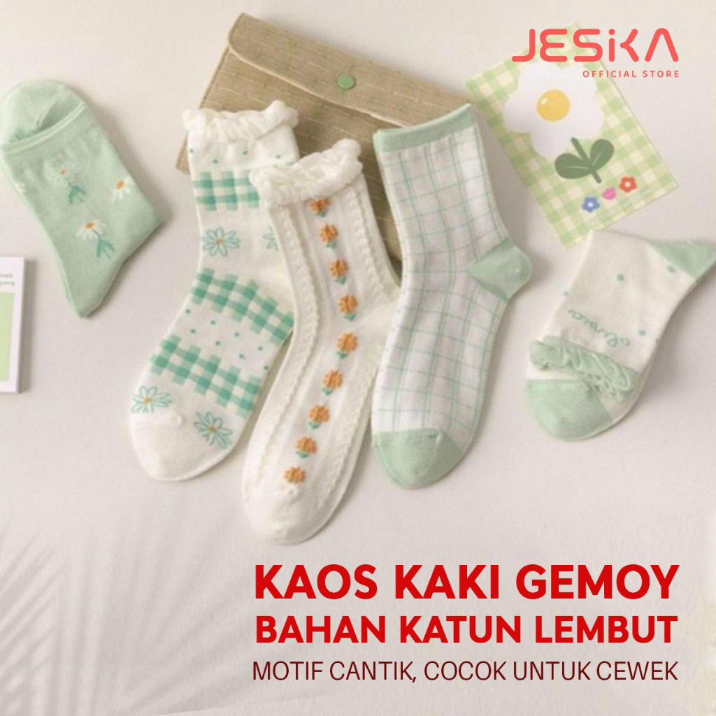 Kaos kaki hijau renda casual dewasa anak cowo cewek estetik unik tebal musim dingin panjang motif gambar kotak-kotak karakter bunga lucu