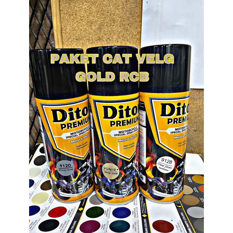 PAKET LENGKAP cat semprot warna SILVER GOLD ( cukup untuk cat 1 pasang velg motor) - diton premium