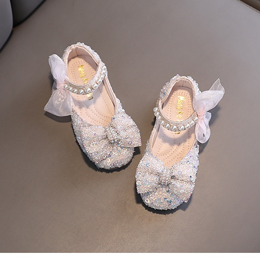 SH11-Sepatu Pesta Anak Perempuan Flat Import Mutiara Blink Aksen Ikat Pita