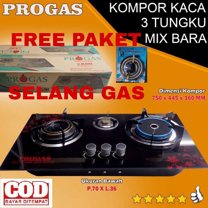 Progas  , Kompor Kaca 3 Tungku Gas Mix Bara Infrared